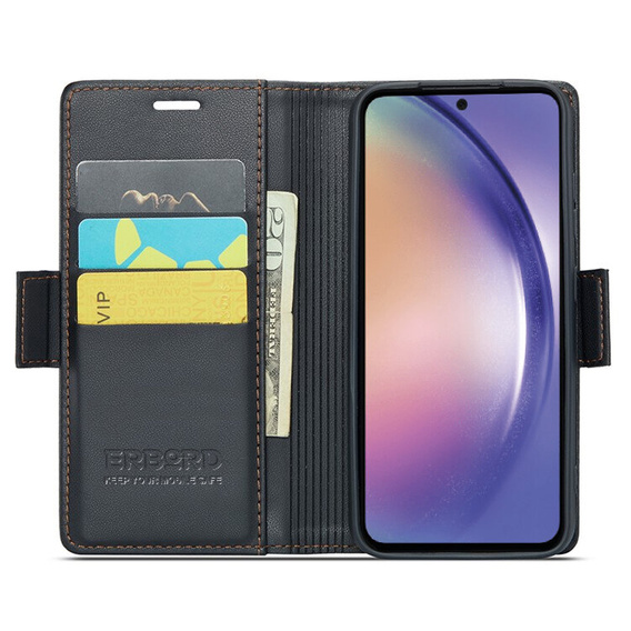 Tok Samsung Galaxy A55, ERBORD Glossy Litchi, pénztárca patenttal, fekete