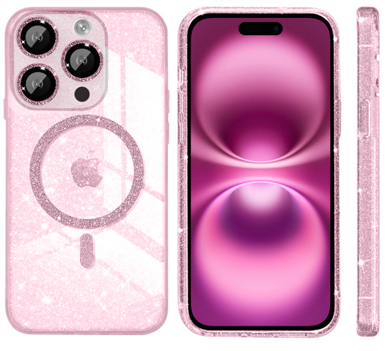 Tok iPhone 16 Pro-hoz, ERBORD Glitter MagSafe, rózsaszín + képernyőüveg