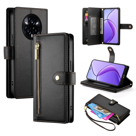 Pattintható tok a Realme 14 Pro+ 5G, Wallet Zipper Pocket, fekete