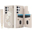 Tok Samsung Galaxy S24 Ultra, Leather Flower Card Slot, bézs színű
