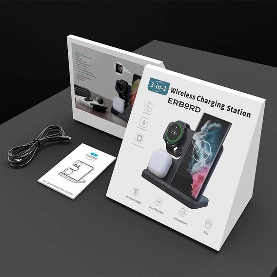 3 az 1-ben vezeték nélküli indukciós gyorstöltő QI Samsung S25 S24 S23 Galaxy Watch Buds állomás, fekete