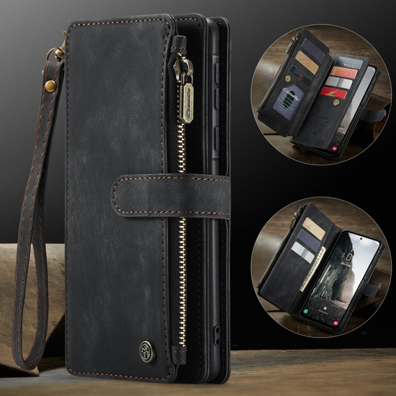 CASEME tok Samsung Galaxy A56 5G, Leather Wallet Cash and Card Slots, pánttal, fekete