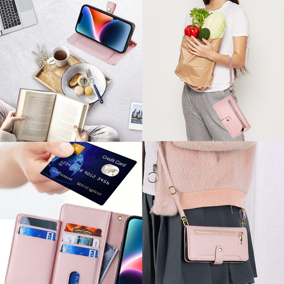 Pattintható tok a iPhone 14, Wallet Zipper Pocket, rózsaszín
