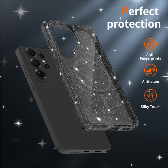 Csillogó tok, MagSafe-hez, Samsung Galaxy S26 Ultra-hoz, átlátszó/fekete