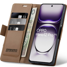 Tok Oppo Reno 12 Pro, ERBORD Glossy Litchi, pénztárca patenttal, barna