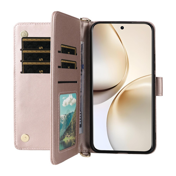 Tok patenttal a Realme 14 Pro+ 5G-hez, Crossbody Leather Wallet, rózsaszín rose gold