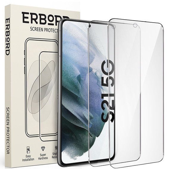 2x edzett üveg a Samsung Galaxy S21, ERBORD 9H Hard Glass a képernyőn