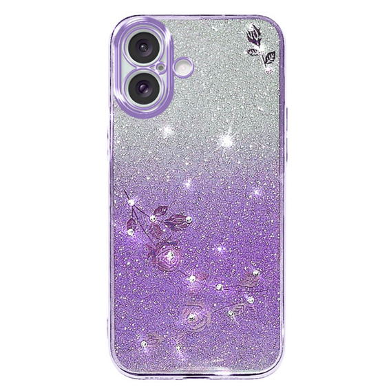 Tok iPhone 16, Glitter Flower, lila
