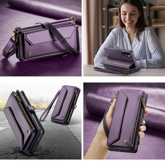 Tok CASEME Samsung Galaxy A56 5G, RFID Leather Wallet, vállpánttal, lila