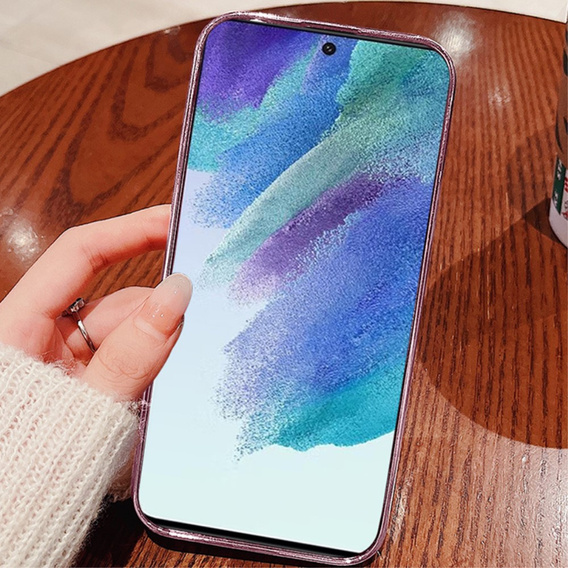 tok Samsung Galaxy S21 FE, csillogó virág, rózsaszín rose gold
