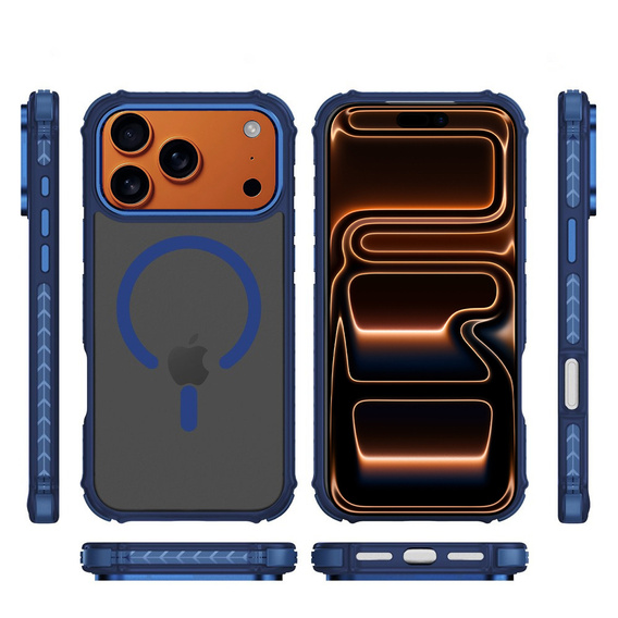 Matt tok iPhone 17 Pro Max készülékhez, páncélozott, MagSafe-hoz, füstös, kék oldallal