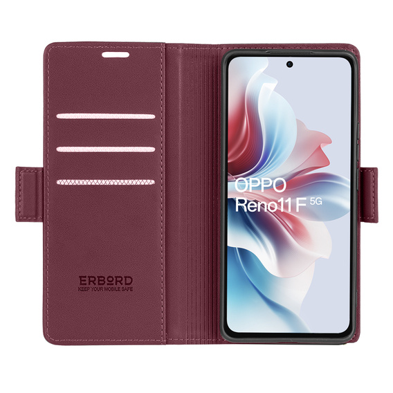 Tok Oppo Reno 11F, ERBORD Glossy Litchi, pénztárca patenttal, piros