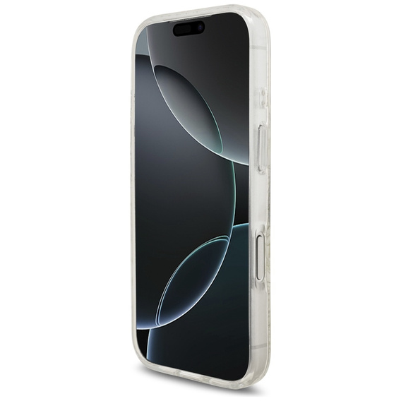 Guess IML virágokkal díszített, gyöngyökkel díszített pántos tok, MagSafe-hez, pánttal iPhone 17 Pro-hoz