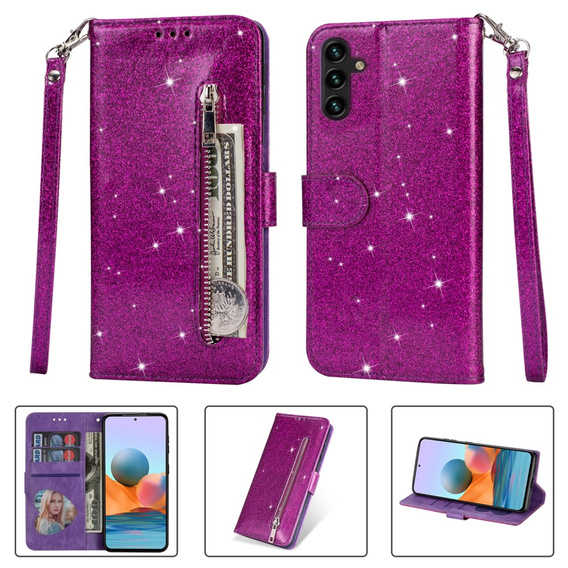 Pattintható tok a Samsung Galaxy A35 5G, Wallet Zipper Pocket Glittery, lila