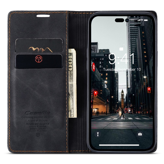CASEME tok iPhone 14 Pro, Leather Wallet Case, fekete