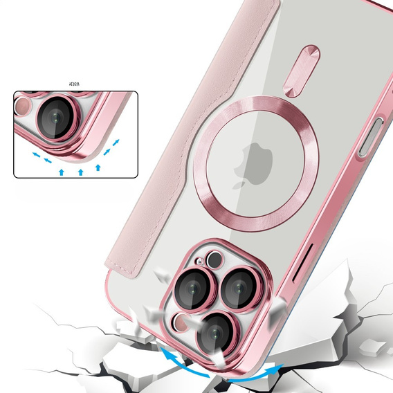 Pattintható tok a iPhone 16 Pro Max, RFID Wallet MagSafe CamShield, rózsaszín