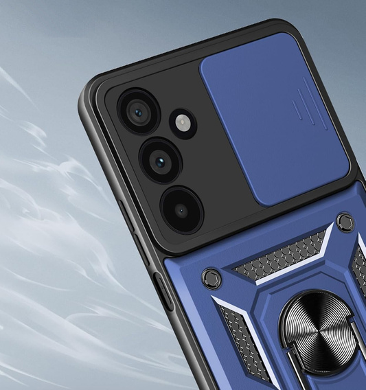 Páncélozott tok Samsung Galaxy A17 5G készülékhez, kameravédelemmel, állvánnyal, kék színű