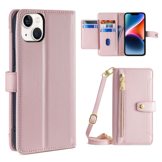 Pattintható tok a iPhone 14, Wallet Zipper Pocket, rózsaszín