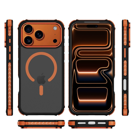 Matt tok iPhone 17 Pro Max készülékhez, páncélozott, MagSafe-hoz, füstszínű, narancssárga oldallal
