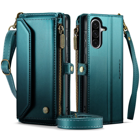 Tok CASEME Samsung Galaxy A56 5G, RFID Leather Wallet, vállpánttal, zöld