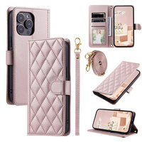 Flap tok iPhone 16 Pro Max, Rhombus Crossbody Leather, rózsaszín rose gold