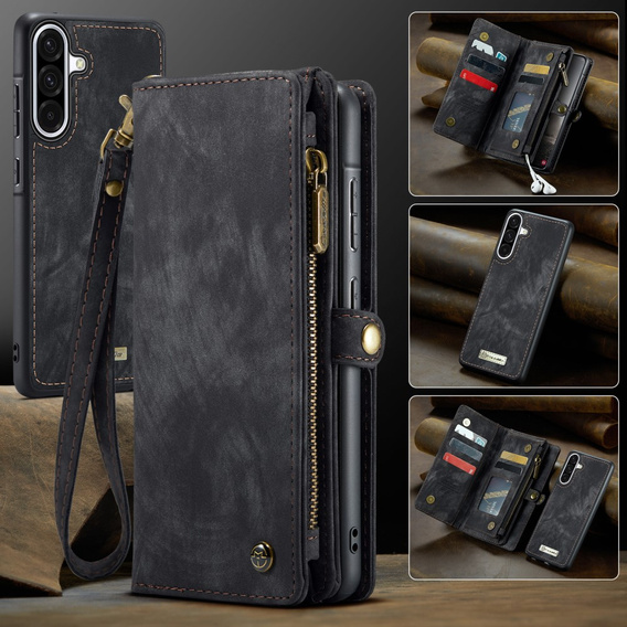 CASEME tok Samsung Galaxy A56 5G, Retro Leather Wallet, szíjjal, fekete