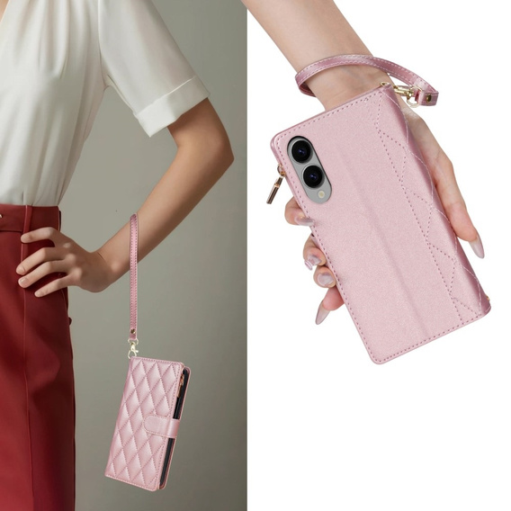Flap tok Samsung Galaxy S25 Edge, Rhombus Crossbody Leather, rózsaszín rose gold
