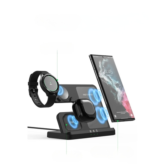 3 az 1-ben vezeték nélküli indukciós gyorstöltő QI Samsung S25 S24 S23 Galaxy Watch Buds állomás, fekete