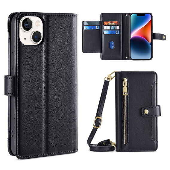 Pattintható tok a iPhone 14, Wallet Zipper Pocket, fekete