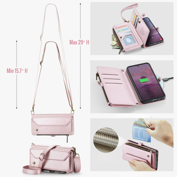 Tok CASEME Samsung Galaxy S25 FE, RFID Leather Wallet, vállpánttal, rózsaszín