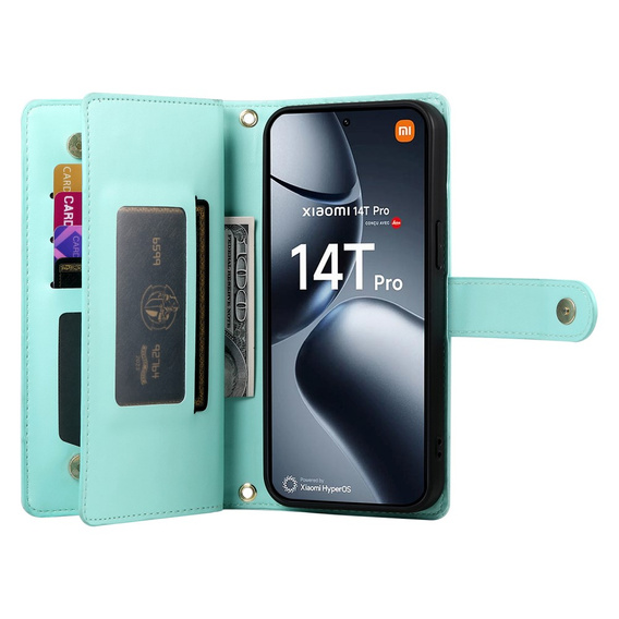Pattintható tok a Xiaomi 14T Pro, Wallet Zipper Pocket, zöld