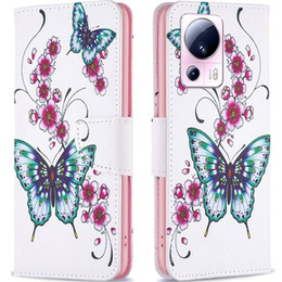 Pattintható tok a Xiaomi 13 Lite, Wallet, butterfly & flowers, fehér