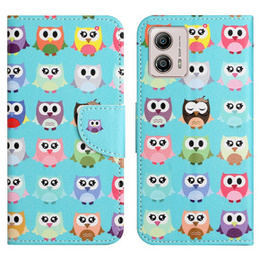 Pattintható tok a Motorola Moto G73 5G, Wallet, owls, kék