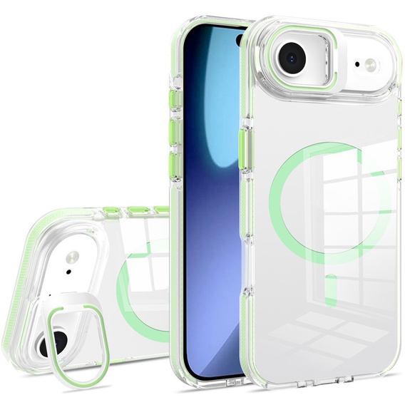 Tok iPhone Air készülékhez, MagSafe, állvánnyal, átlátszó, zöld betétekkel