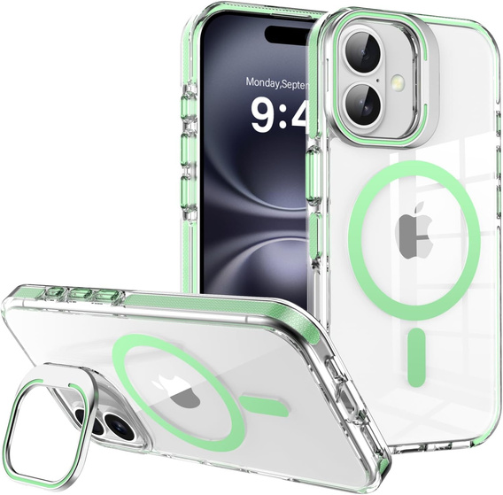 Tok iPhone 17 készülékhez, MagSafe, állvánnyal, átlátszó, zöld betétekkel