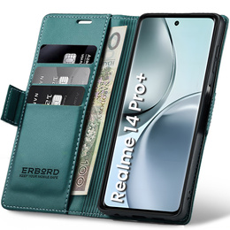 Tok Realme 14 Pro+ 5G, ERBORD Glossy Litchi, pénztárca patenttal, zöld