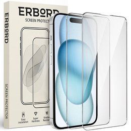 2x edzett üveg a iPhone 15, ERBORD 9H Hard Glass a képernyőn
