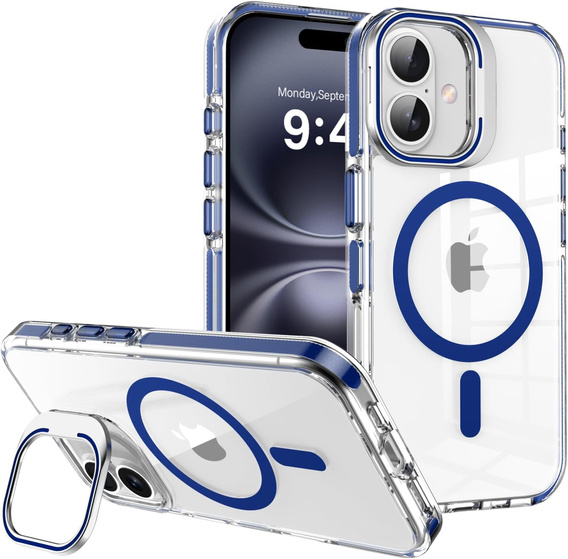 Tok iPhone 17 készülékhez, MagSafe, állvánnyal, átlátszó, sötétkék betétekkel