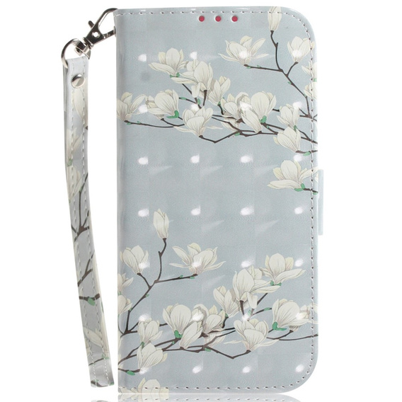 Pattintható tok a Samsung Galaxy A14 4G/5G, Wallet, flowers magnolia, fehér