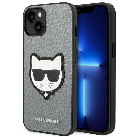 Karl Lagerfeld Telefontok a iPhone 14 Plus, Saffiano Choupette Head Patch, ezüst