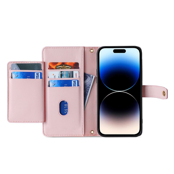 Pattintható tok a iPhone 14 Pro Max, Wallet Zipper Pocket, rózsaszín