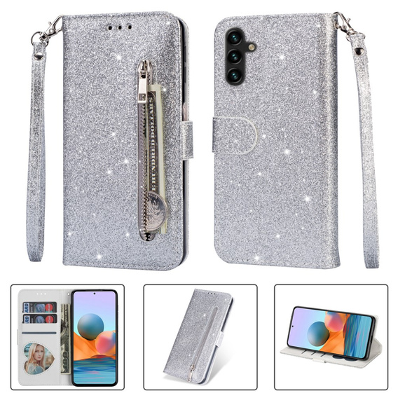 Pattintható tok a Samsung Galaxy A35 5G, Wallet Zipper Pocket Glittery, ezüst