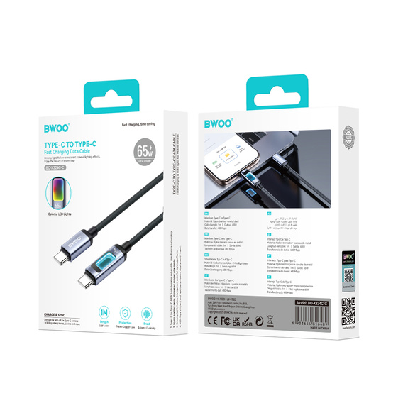 USB-C–USB-C kábel RGB háttérvilágítással, PD 60 W BWOO X324CC