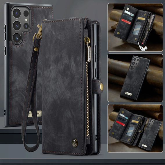 CASEME tok Samsung Galaxy S25 Ultra, Retro Leather Wallet, szíjjal, fekete