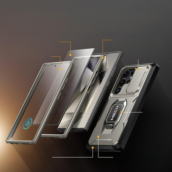 Páncélozott tok Samsung Galaxy S24 Ultra, TONGATE MECH sorozat gyűrűvel, szürke