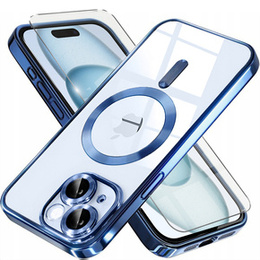 Tok iPhone 15-hoz, Electro MagSafe, kék + üveg a képernyőhöz