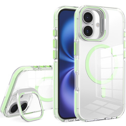 Tok iPhone 17 készülékhez, MagSafe, állvánnyal, átlátszó, zöld betétekkel