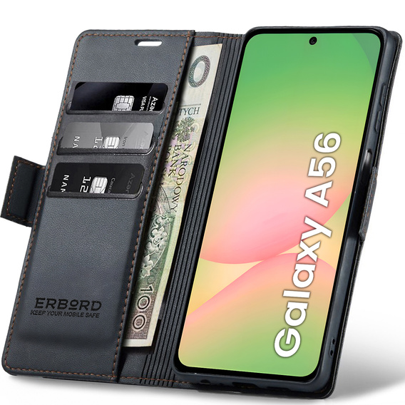 Tok Samsung Galaxy A56, ERBORD Glossy Litchi, pénztárca patenttal, fekete
