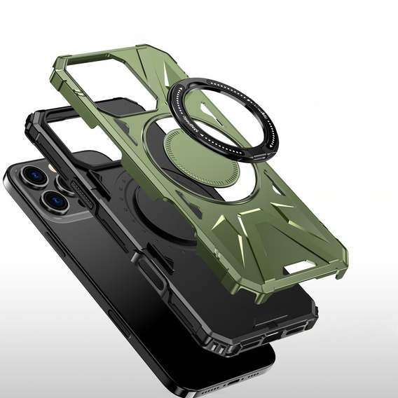 Tok iPhone 16 Pro Max-hoz, páncélozott, állvánnyal és fogantyúval, zöld