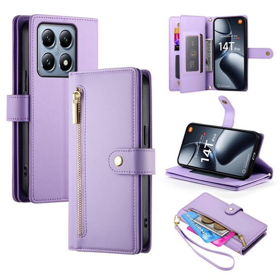 Pattintható tok a Xiaomi 14T Pro, Wallet Zipper Pocket, lila